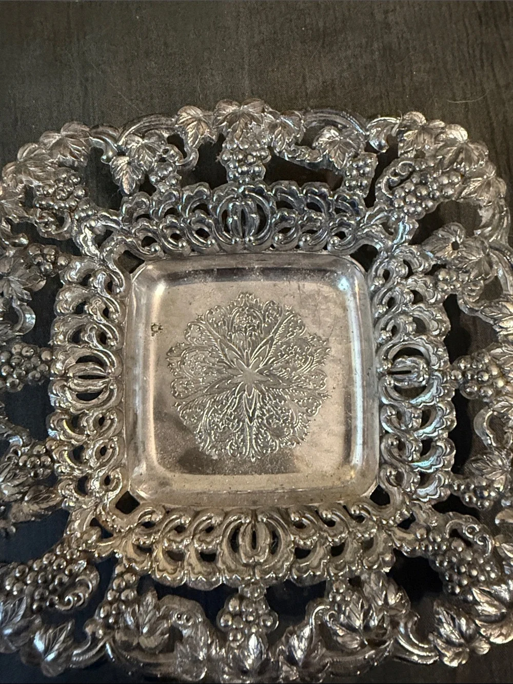 Ornate Decorative Square Serving Dish - Silver Plated